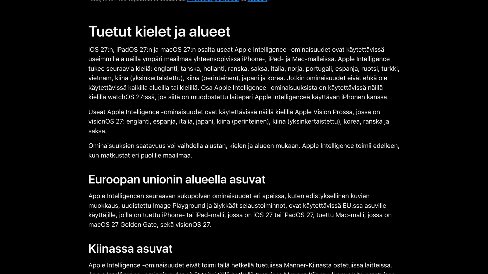 Applen suomenkielinen tukisivu, jonka kohdassa "Tuetut kielet ja alueet" luetellaan Apple Intelligencen kielet. Suomea ei ole listalla.