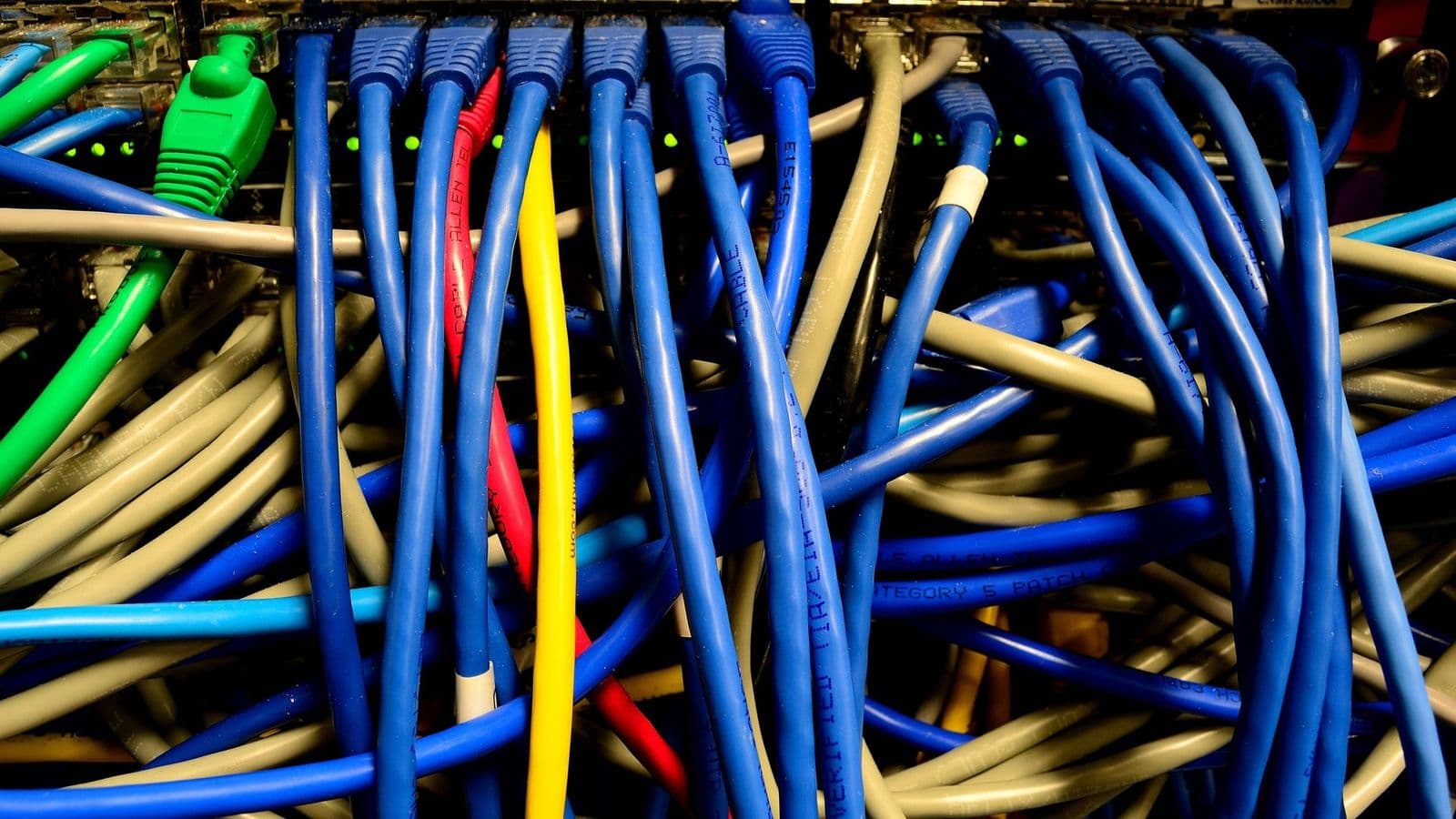 Lähikuva verkkokytkimeen kytketyistä sinisistä, harmaista, vihreistä ja punaisista ethernet-kaapeleista