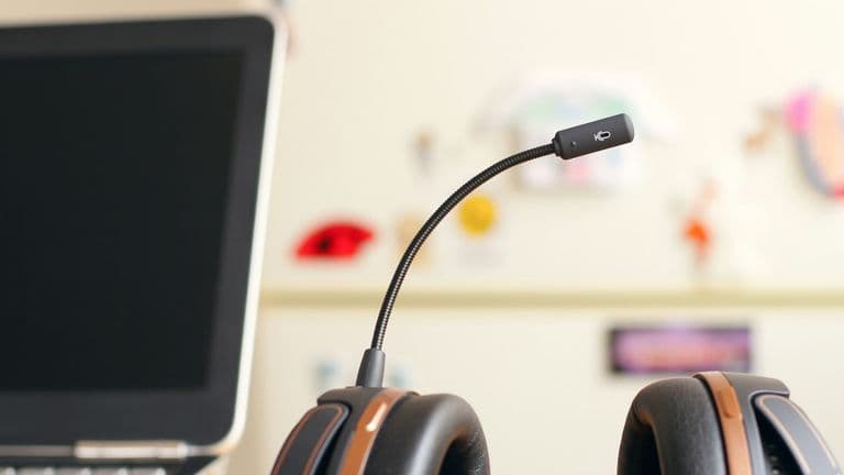 Mustaruskea kuulokemikrofoni ja kannettava tietokone etualalla, taustalla epätarkka jääkaappi