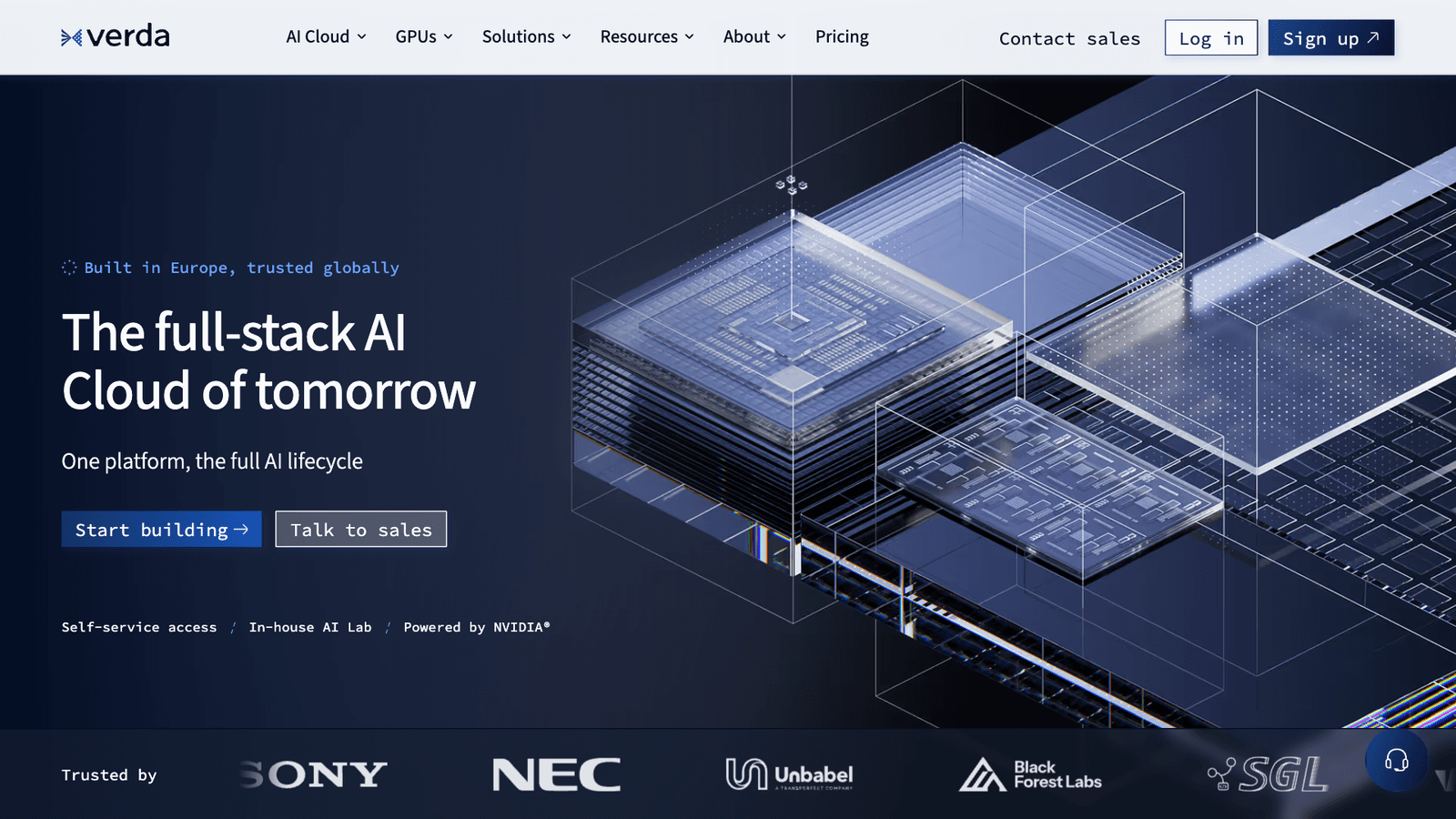 Verdan verkkosivun etusivu, otsikko "The full-stack AI Cloud of tomorrow" ja alareunassa asiakaslogoja.