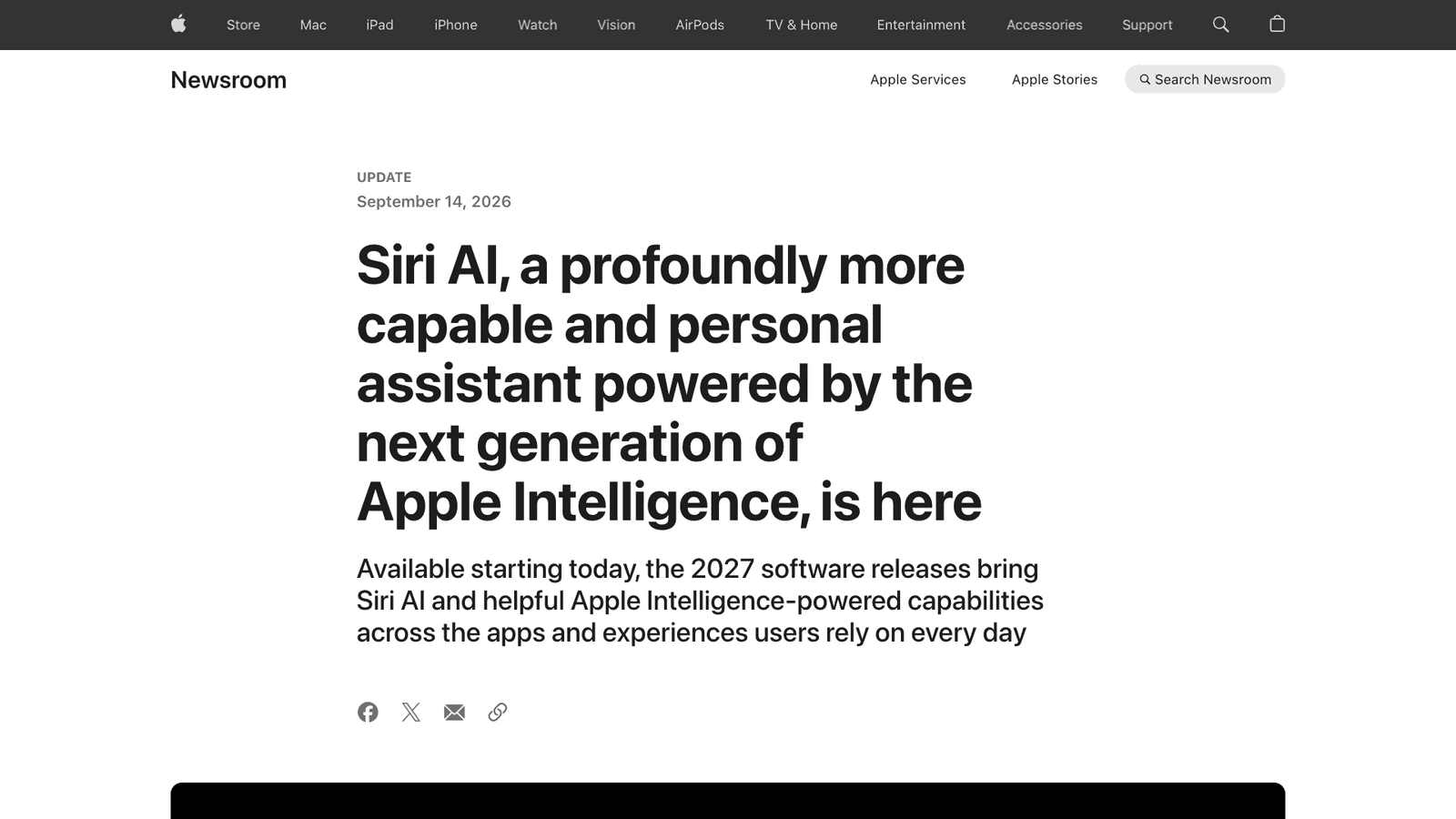 Applen Newsroom-sivu, otsikko "Siri AI, a profoundly more capable and personal assistant powered by the next generation of Apple Intelligence, is here", päivätty 14.9.2026.