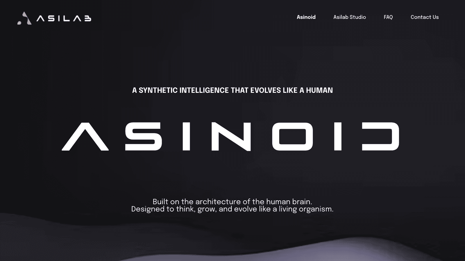 Asilabin verkkosivu, jossa suuri Asinoid-logo ja teksti "A synthetic intelligence that evolves like a human".