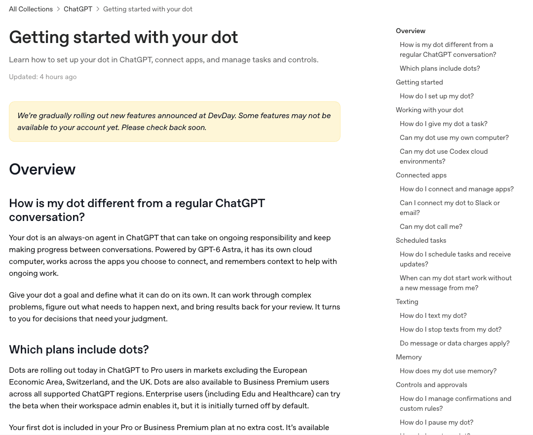 OpenAI:n ohjesivu Getting started with your dot, jossa kerrotaan, ettei Dots tule Pro-käyttäjille Euroopan talousalueella, Sveitsissä eikä Britanniassa