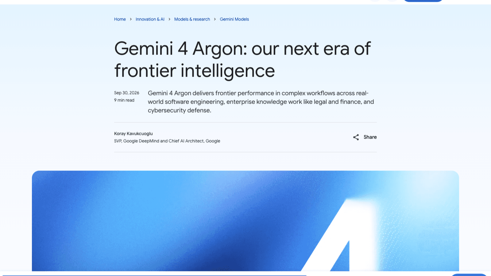 Kuvakaappaus Googlen blogista: Gemini 4 Argon: our next era of frontier intelligence, Koray Kavukcuoglu, 30.9.2026