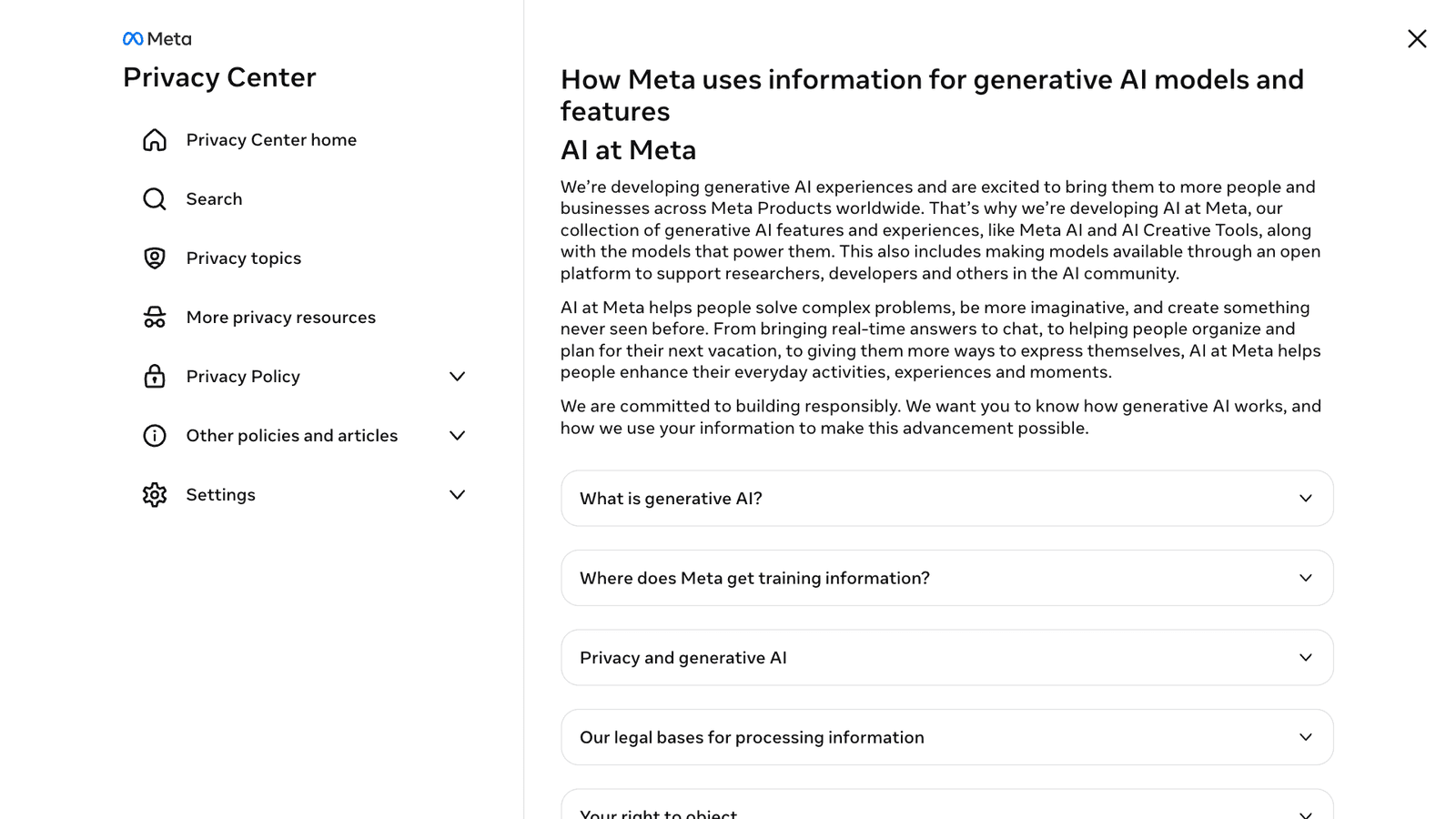 Metan Privacy Center -sivu "How Meta uses information for generative AI models and features", jossa avattavat kohdat koulutusaineistosta, oikeusperusteista ja vastustamisoikeudesta.