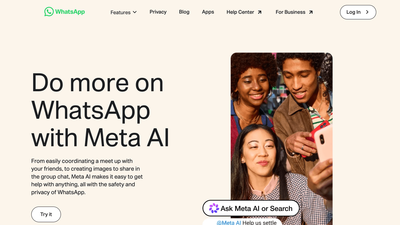 WhatsAppin englanninkielinen Meta AI -esittelysivu, otsikko "Do more on WhatsApp with Meta AI" ja kuvassa hakukenttä "Ask Meta AI or Search".