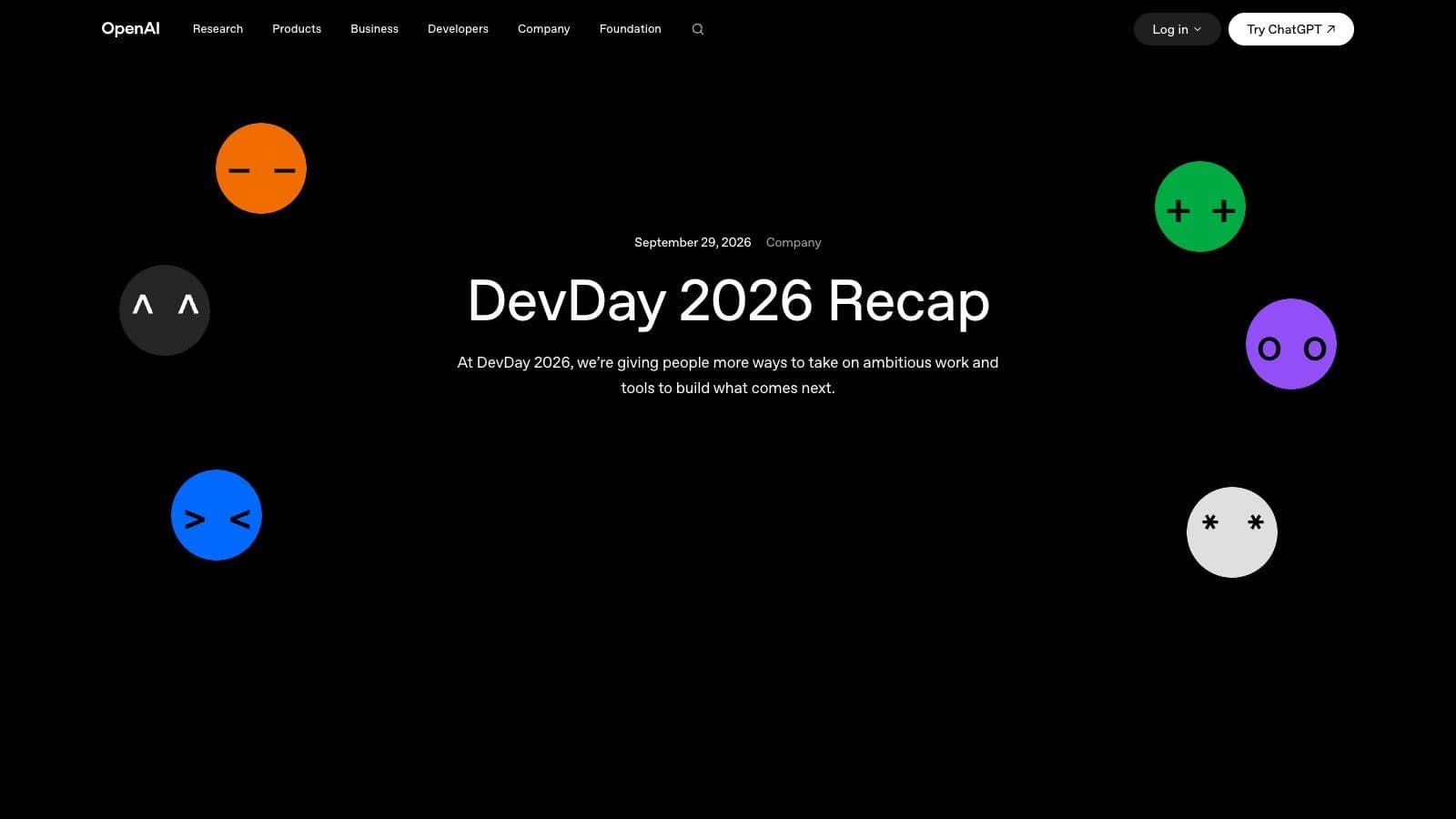 Kuvakaappaus OpenAI:n DevDay 2026 Recap -sivusta, jossa otsikon ympärillä on värikkäitä pallohahmoja