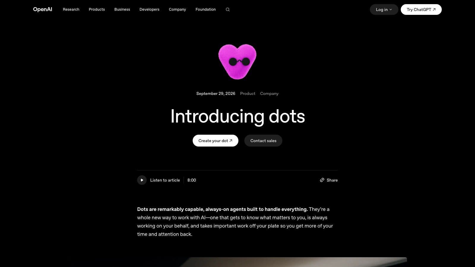 Kuvakaappaus OpenAI:n Introducing dots -julkistussivusta, jossa on vaaleanpunainen aurinkolasipäinen dot-hahmo