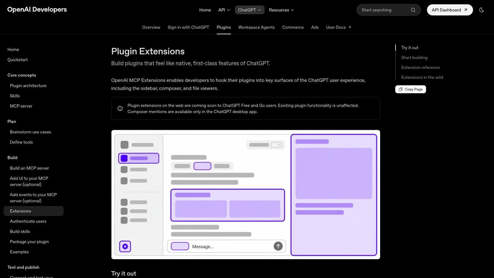 Kuvakaappaus OpenAI:n Plugin Extensions -kehittäjäsivusta, jossa kaavio näyttää pluginin sivupalkissa ja keskustelun viereisessä paneelissa